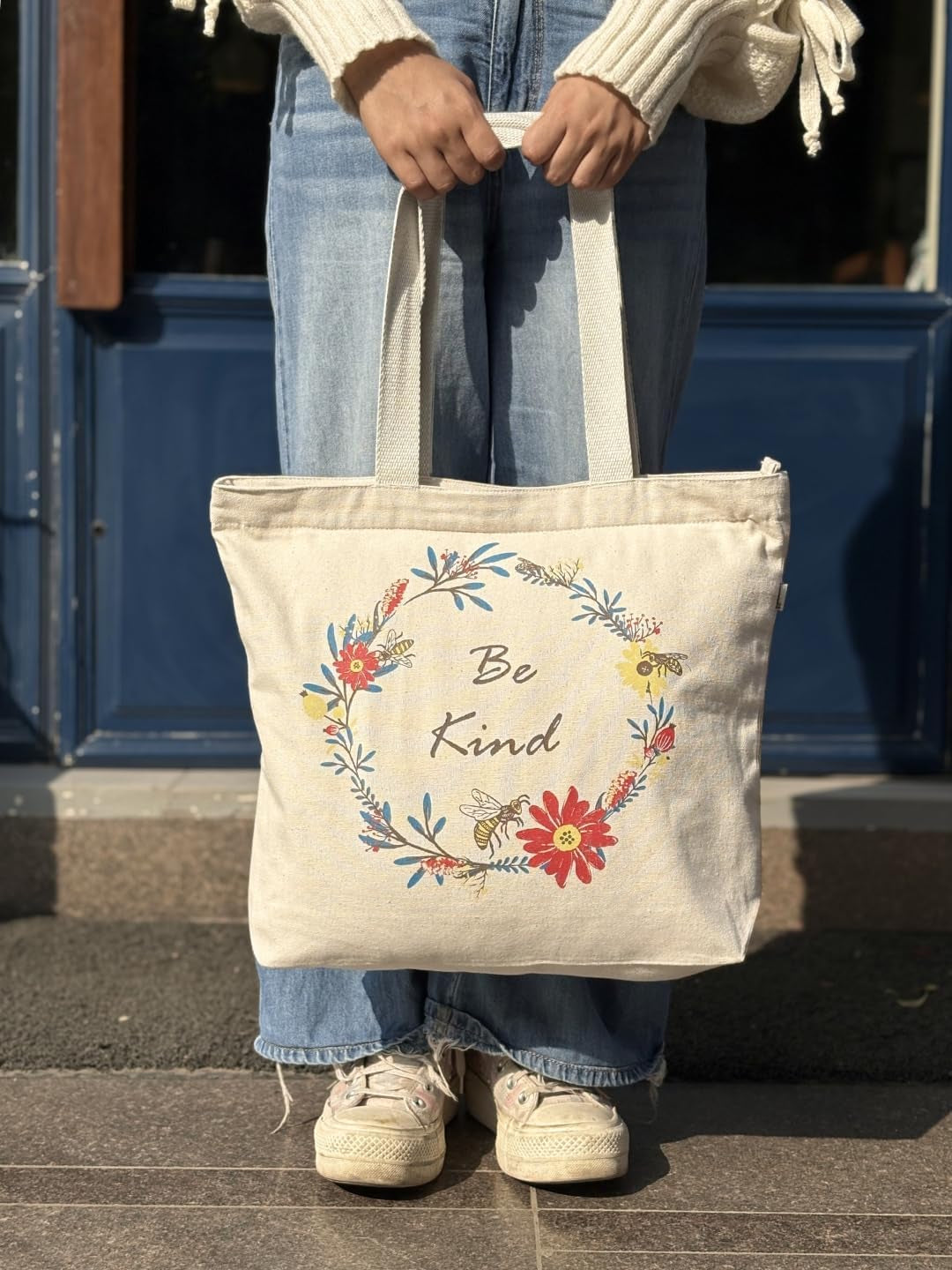 Large Canvas tote bag with zipper & pocket women tote bag for work beach &yoga