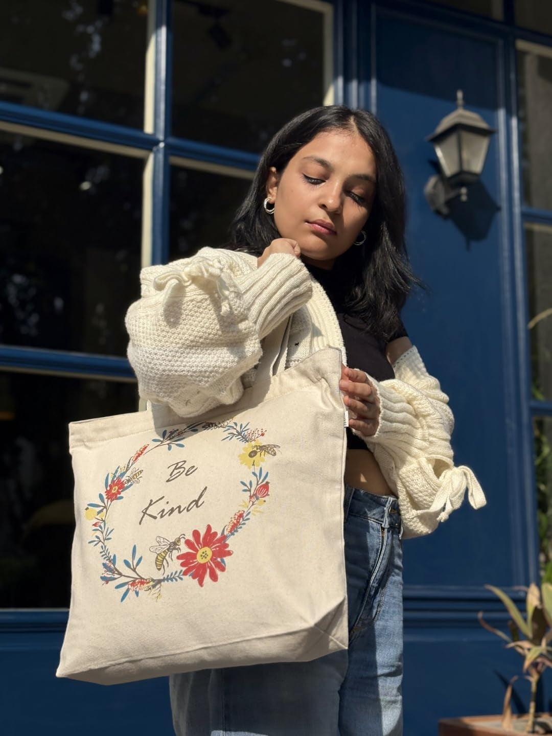 Large Canvas tote bag with zipper & pocket women tote bag for work beach &yoga