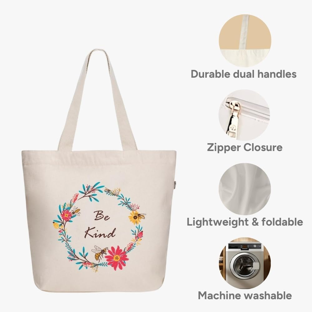 Large Canvas tote bag with zipper & pocket women tote bag for work beach &yoga